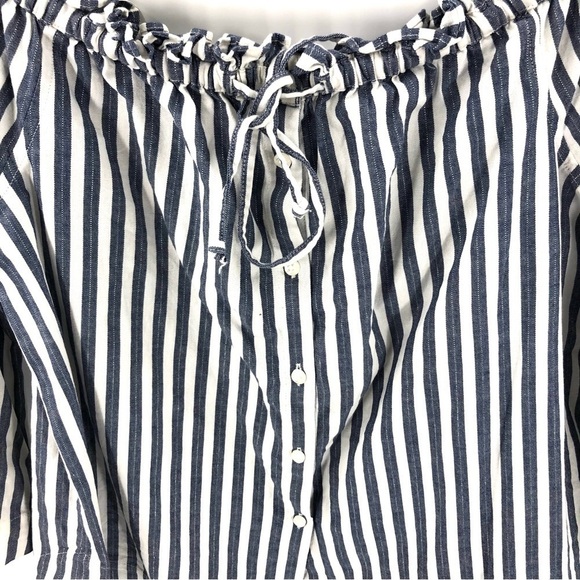 Madewell Size Medium Shimmer Stripe Off Shoulder Top Blue White Shirt Blouse - Picture 4 of 10